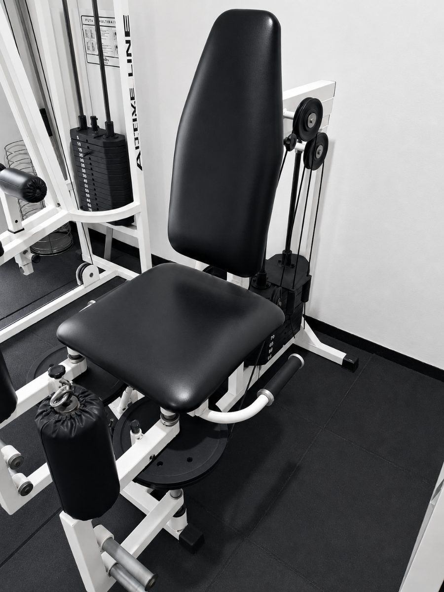 Aparelho de musculação branco com assento e placa de pesos — Cia Postural