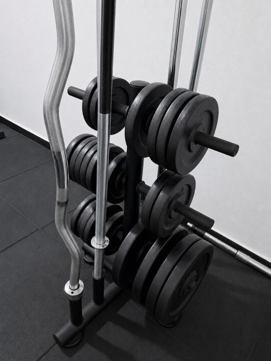 Suporte com barras, barra W e anilhas de musculação — Cia Postural