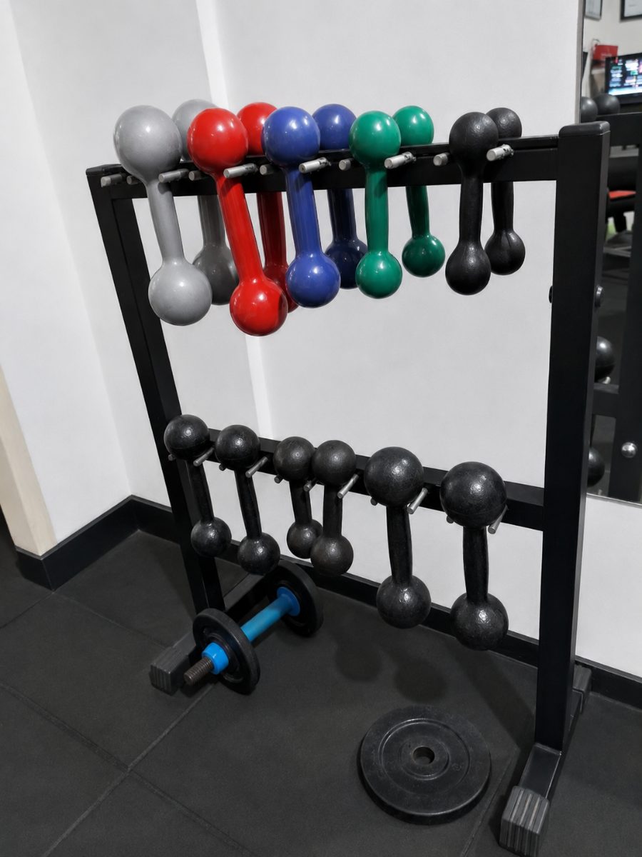Rack com halteres coloridos e halteres de ferro — Cia Postural