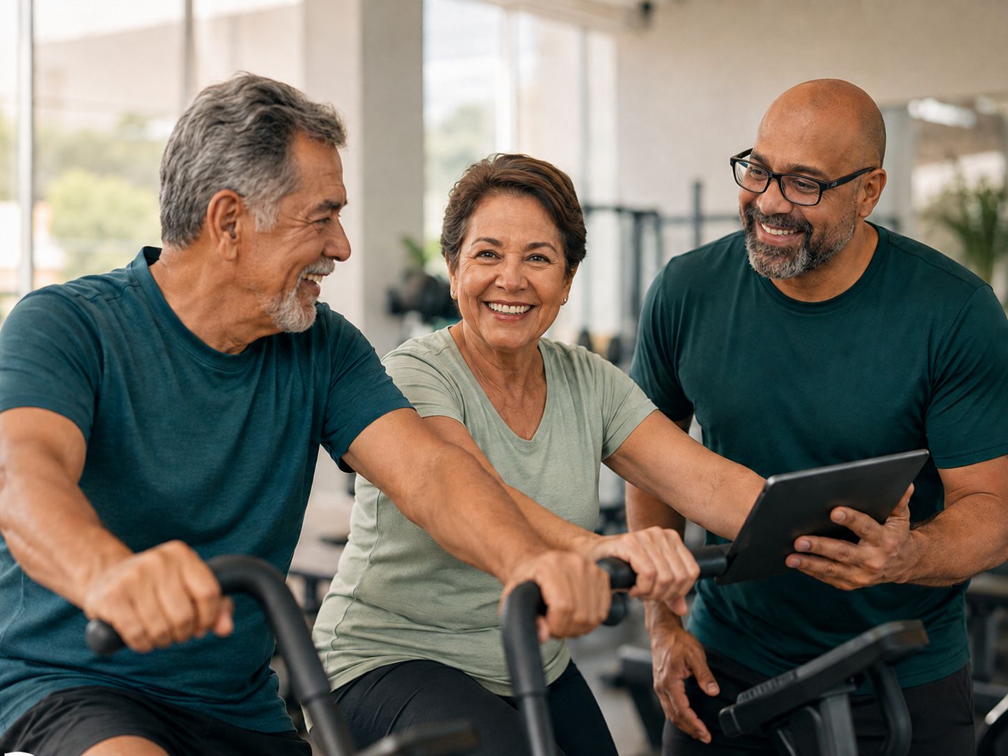 Trio de alunos pedalando com orientação do treinador na Cia Postural